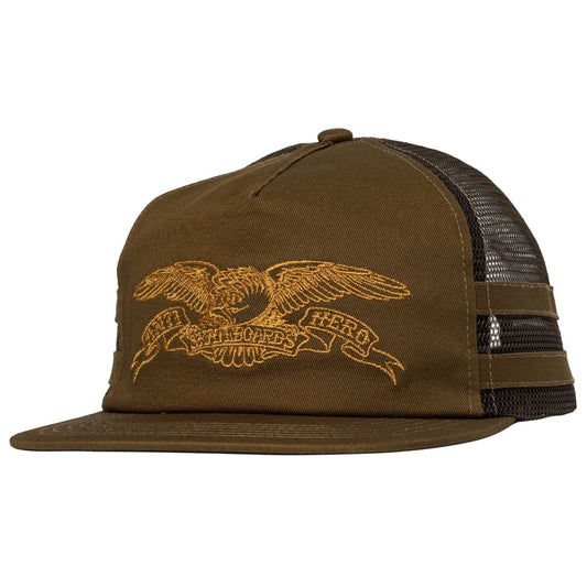 Brown cap with embroidered eagle design on a white background