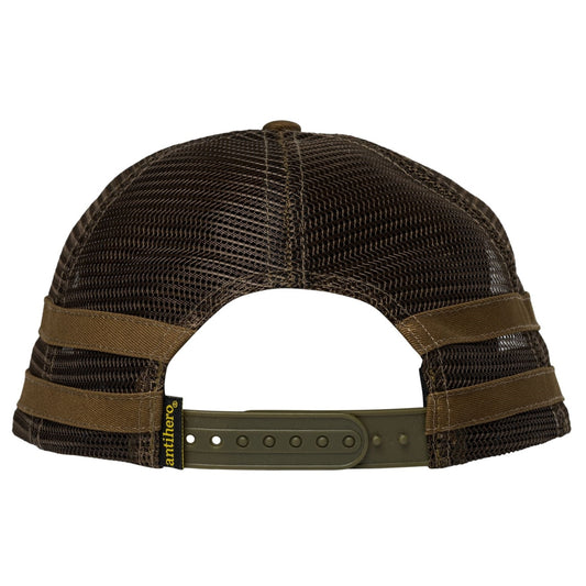 Brown mesh cap with leather straps on a white background