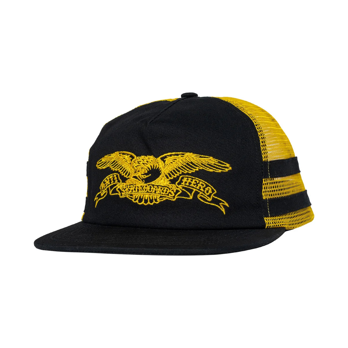 A black and yellow trucker hat with a black front panel and brim, yellow mesh back panels, and a yellow embroidered eagle logo with the text 'antihero' on the front.
