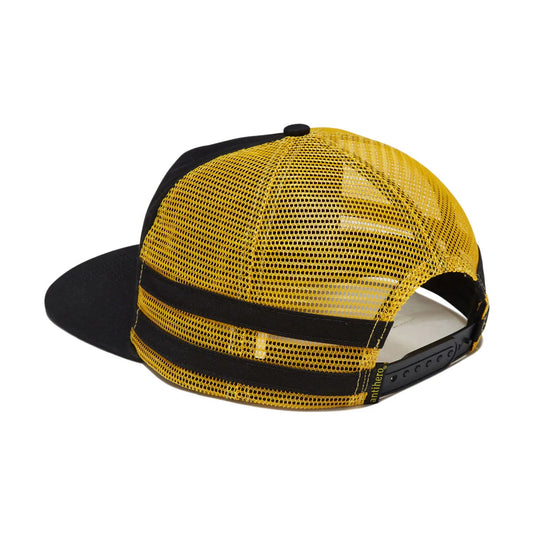 A yellow and black trucker-style snapback cap shown from the back, featuring a black flat brim, black fabric back panels, and a yellow mesh back.