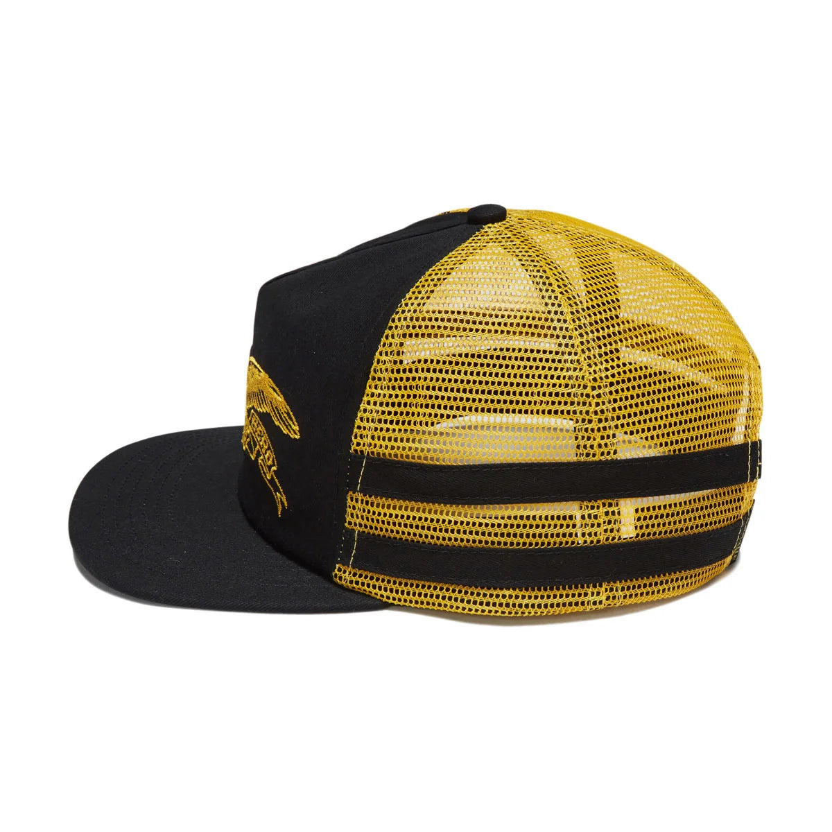 A black and yellow trucker cap with a black flat brim, black front panel, and yellow mesh back panels. 