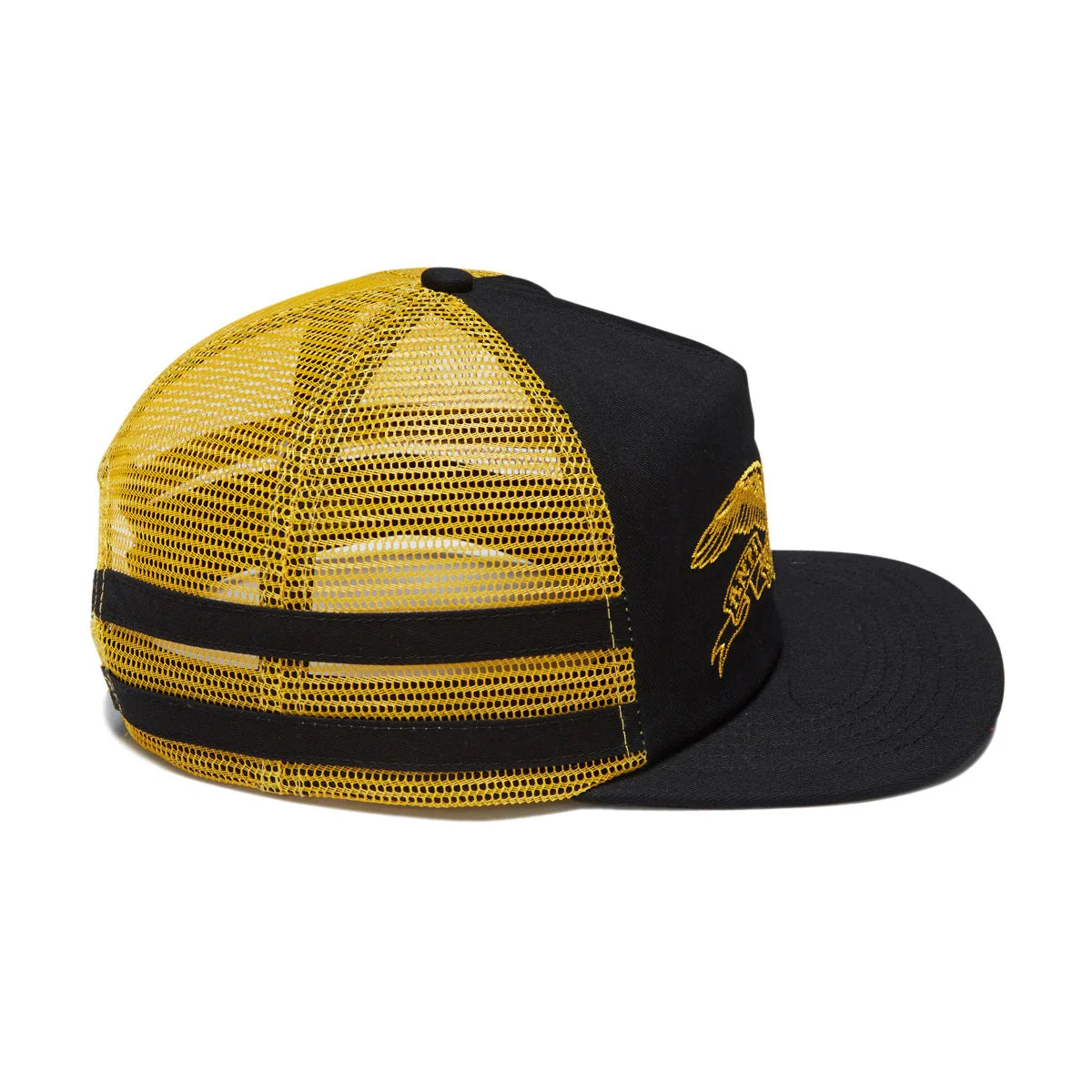 A black and yellow trucker cap with a black front panel, yellow mesh back, and yellow embroidered logo on the side, shown against a plain white background.