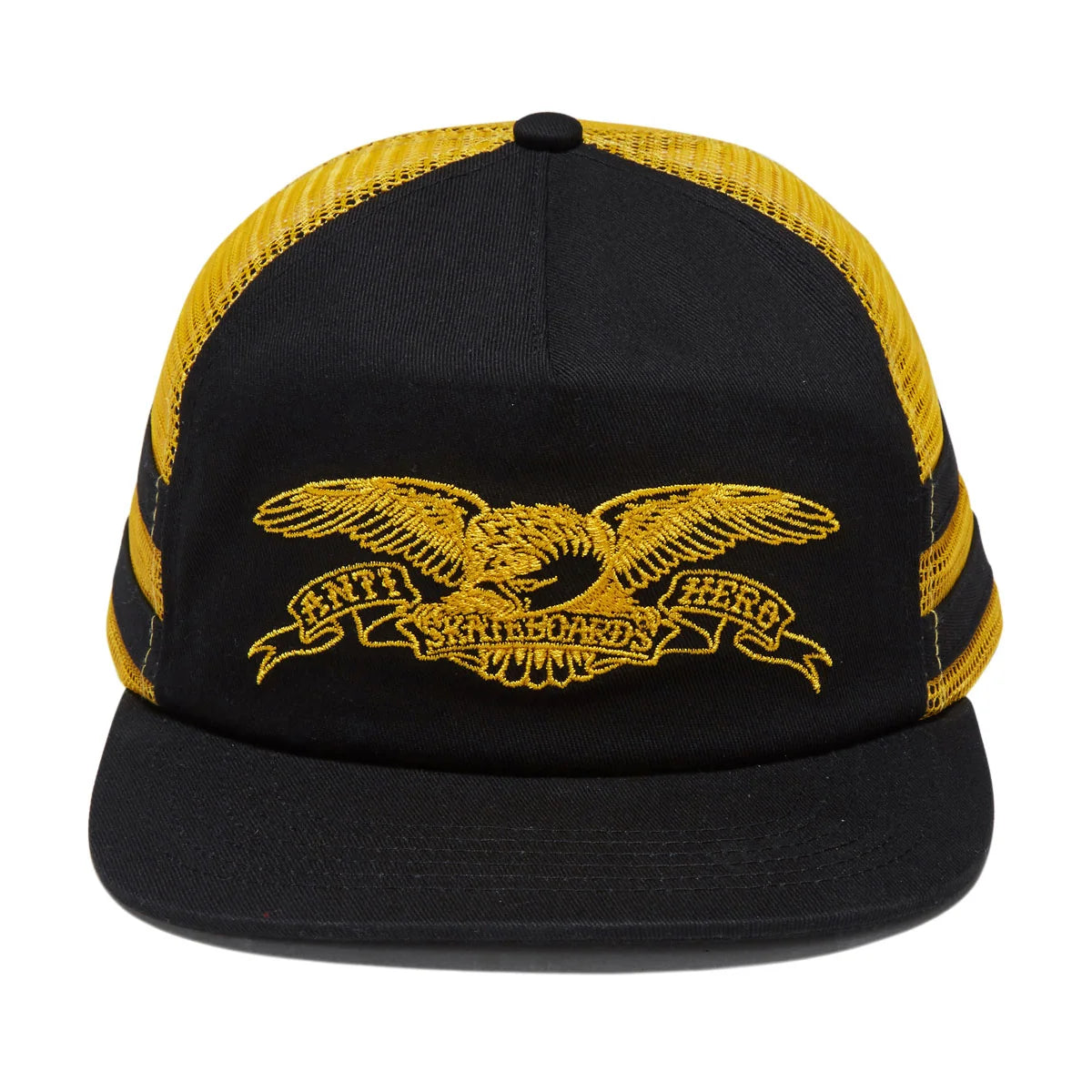 A black and yellow trucker hat featuring a black front panel and flat brim, with yellow mesh back panels and a yellow embroidered eagle and banner graphic on the front.