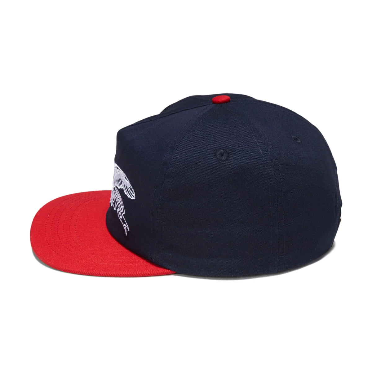 A structured baseball cap with a dark navy blue crown and a bright red flat brim, featuring a small white embroidered logo on the side and a red button on top, set against a plain white background.