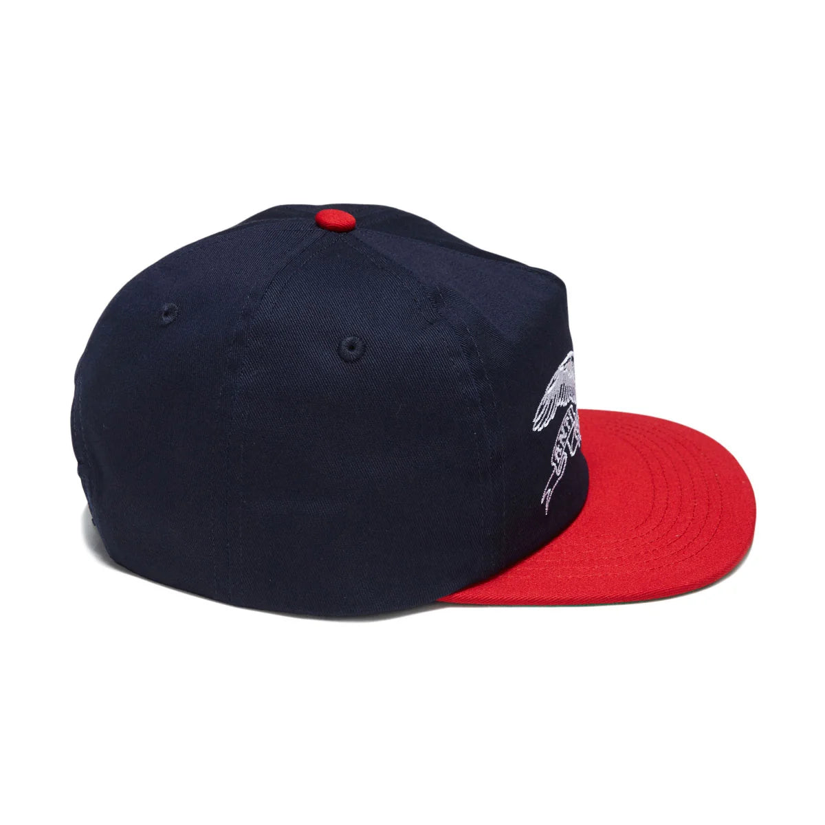 A structured baseball cap with a dark navy blue crown, a bright red flat brim, a red top button, and a white embroidered graphic on the side.