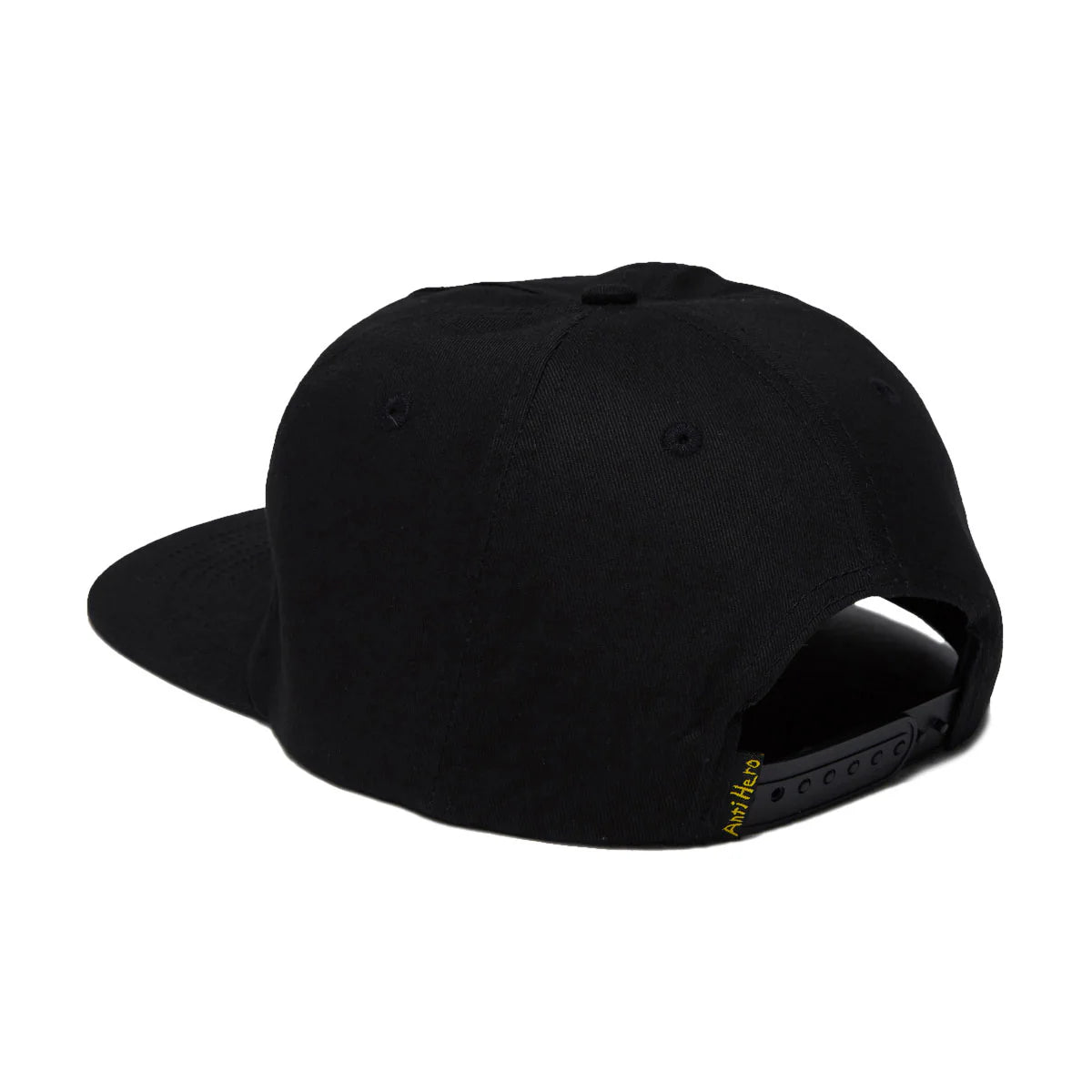 A black flat-brim snapback cap shown from a rear three-quarter angle on a plain white background.