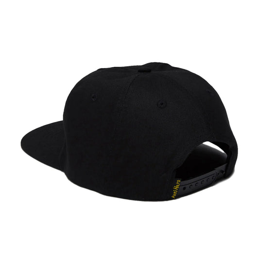 A black flat-brim snapback cap shown from a rear three-quarter angle on a plain white background.
