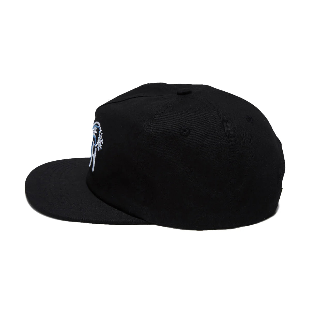 A black flat-brim snapback cap with a small white embroidered graphic on the side, shown against a plain white background.