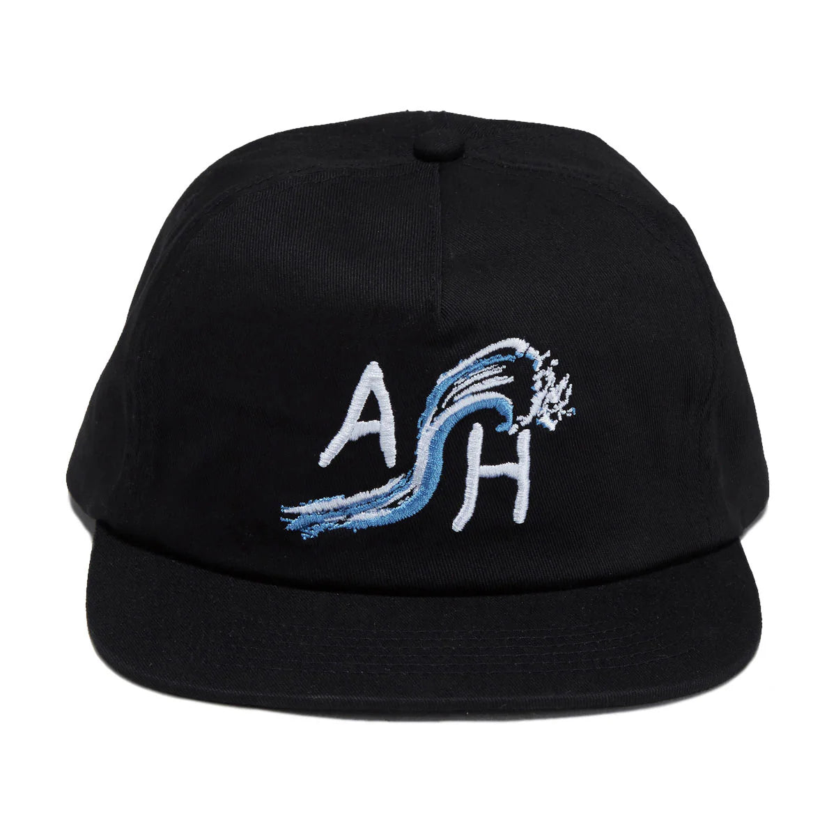 A black flat-brim baseball cap featuring an embroidered logo on the front with the letters 'A' and 'H' in white and a blue wave design.