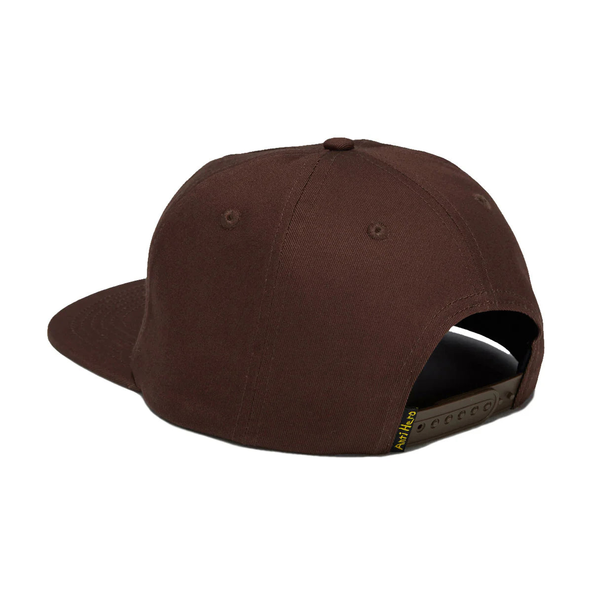 A dark brown flat-brim snapback cap shown from a three-quarters rear angle on a solid white background.