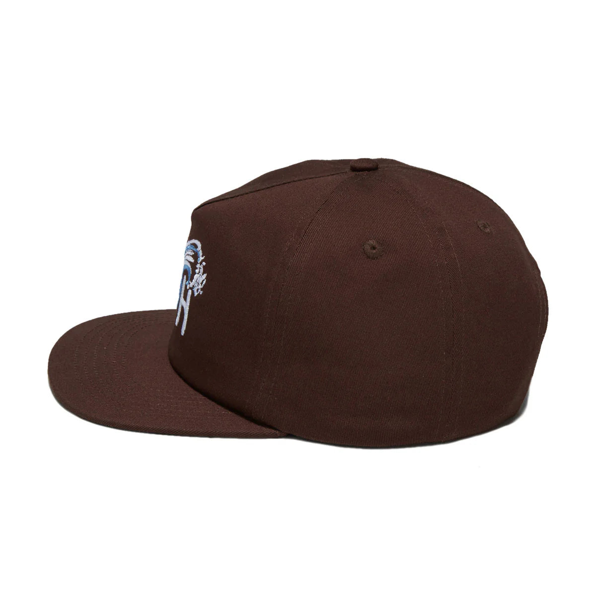 A dark brown flat-brim baseball cap with a small white embroidered graphic on the side, shown against a plain white background.