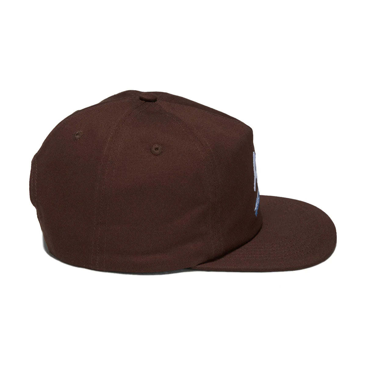 A dark brown structured baseball cap with a flat brim, shown from a side profile view against a plain white background.