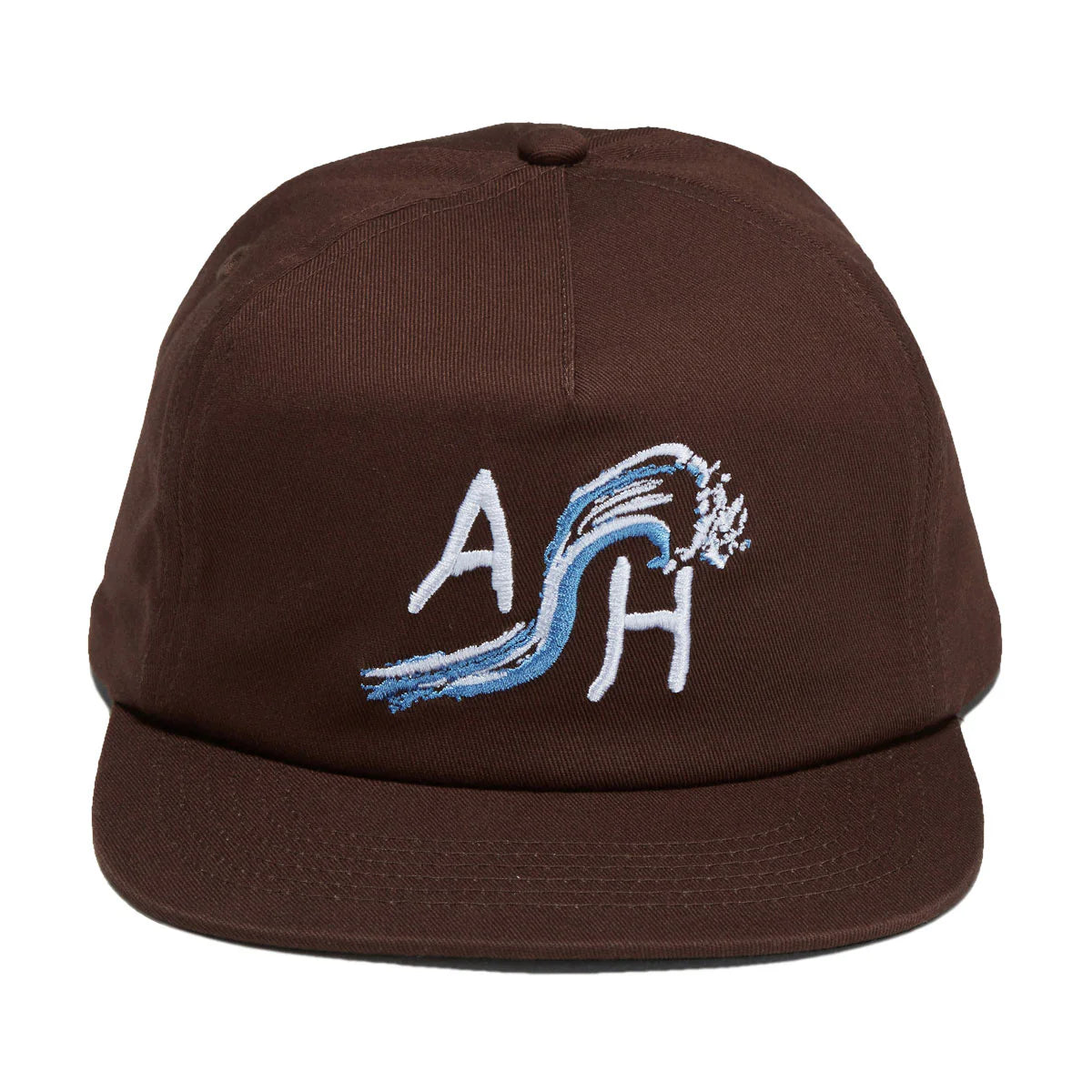A dark brown baseball cap with a flat brim, featuring an embroidered logo on the front consisting of the letters 'A' and 'H' in white with a blue and white wave design.