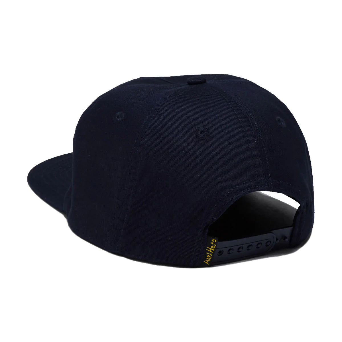 A dark navy blue snapback cap shown from a rear three-quarter angle on a plain white background, featuring a small yellow embroidered brand logo on the side of the black adjustable strap.