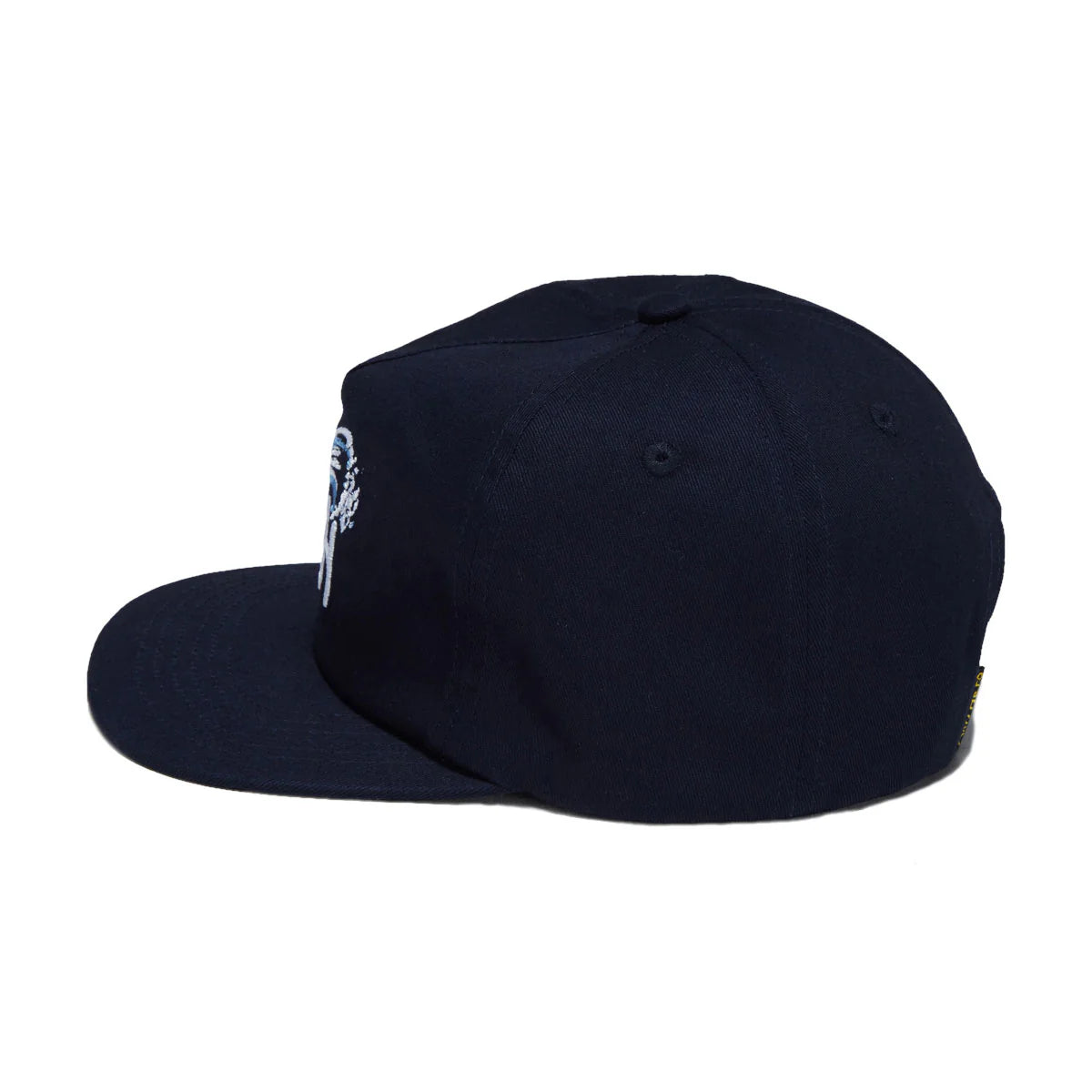 A dark navy blue flat-brim cap with a small white embroidered logo on the side, shown against a plain white background.