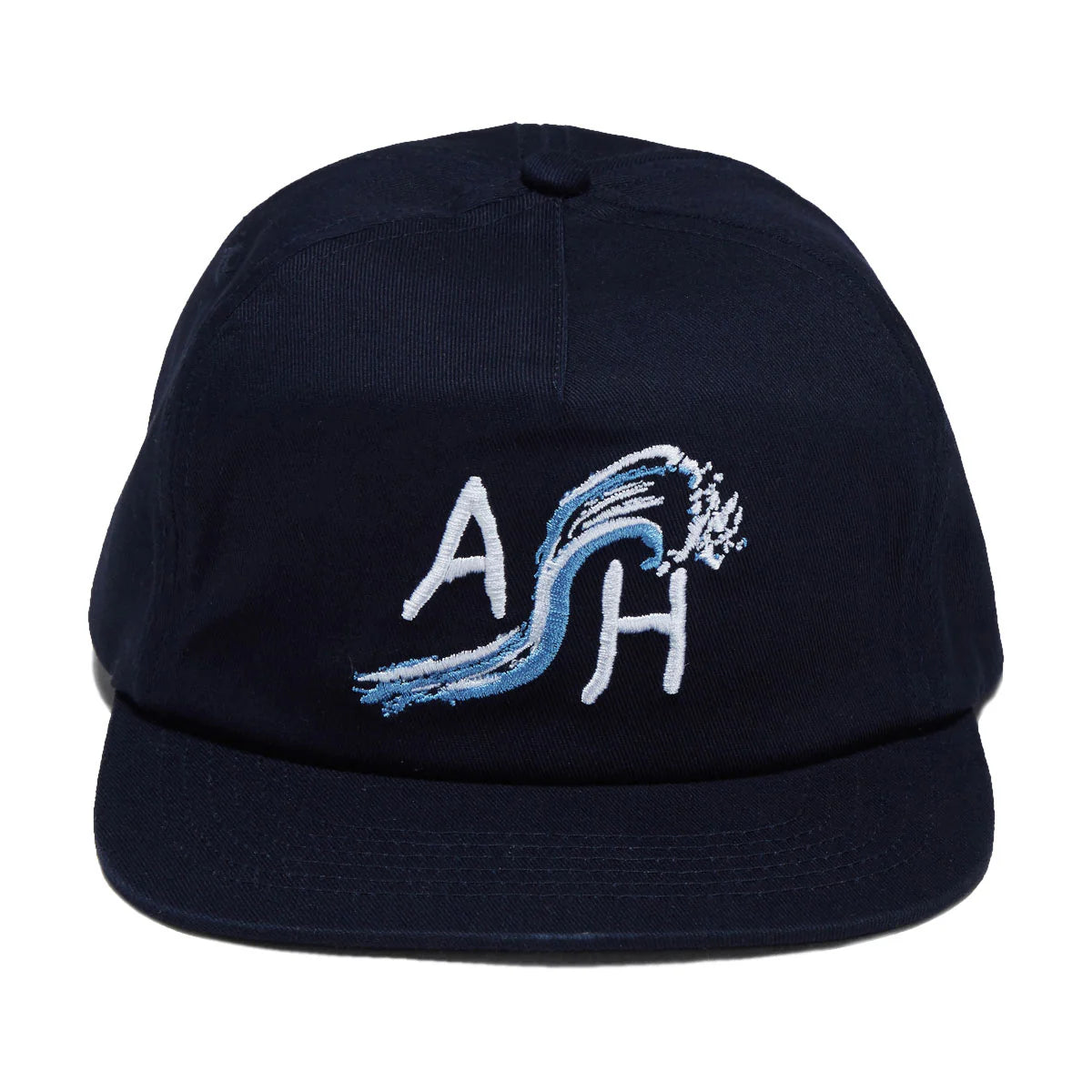 A dark navy blue five-panel baseball cap with a flat brim, featuring an embroidered white and light blue wave design with the letters 'A' and 'H' on the front.