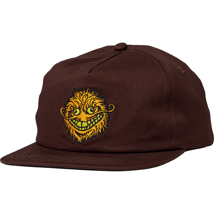 Brown cap with a yellow embroidered face design on a white background
