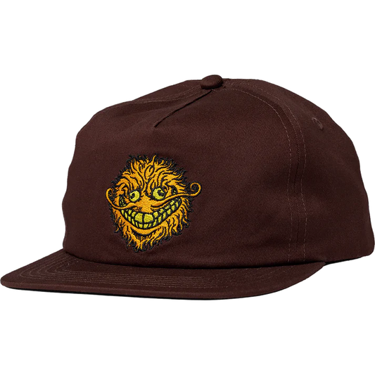 Brown cap with a yellow embroidered face design on a white background