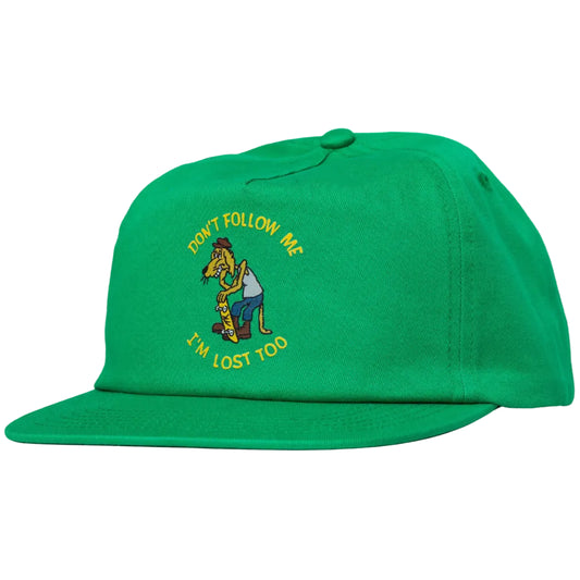Green cap with cartoon design and text on a white background