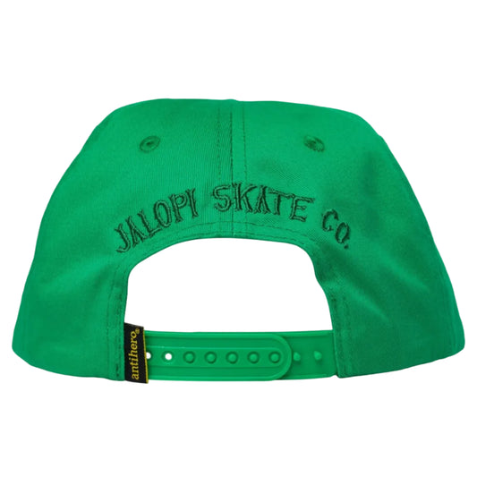 Green cap with 'Jalopi Skate Co.' embroidery on a white background