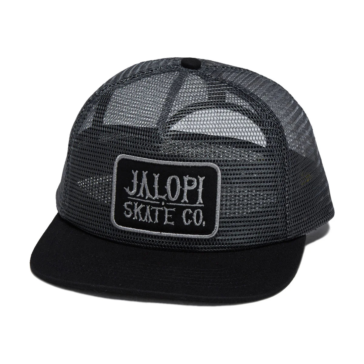 A black trucker hat with a black mesh back and a black flat brim, featuring a rectangular patch on the front that reads 'JALOPI SKATE CO.' in white text.