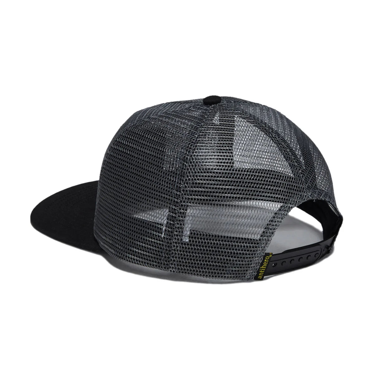 A black trucker hat with a black mesh back and solid black flat brim, shown from a three-quarters angle on a white background.