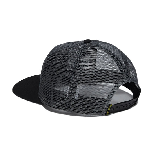 A black trucker hat with a black mesh back and solid black flat brim, shown from a three-quarters angle on a white background.