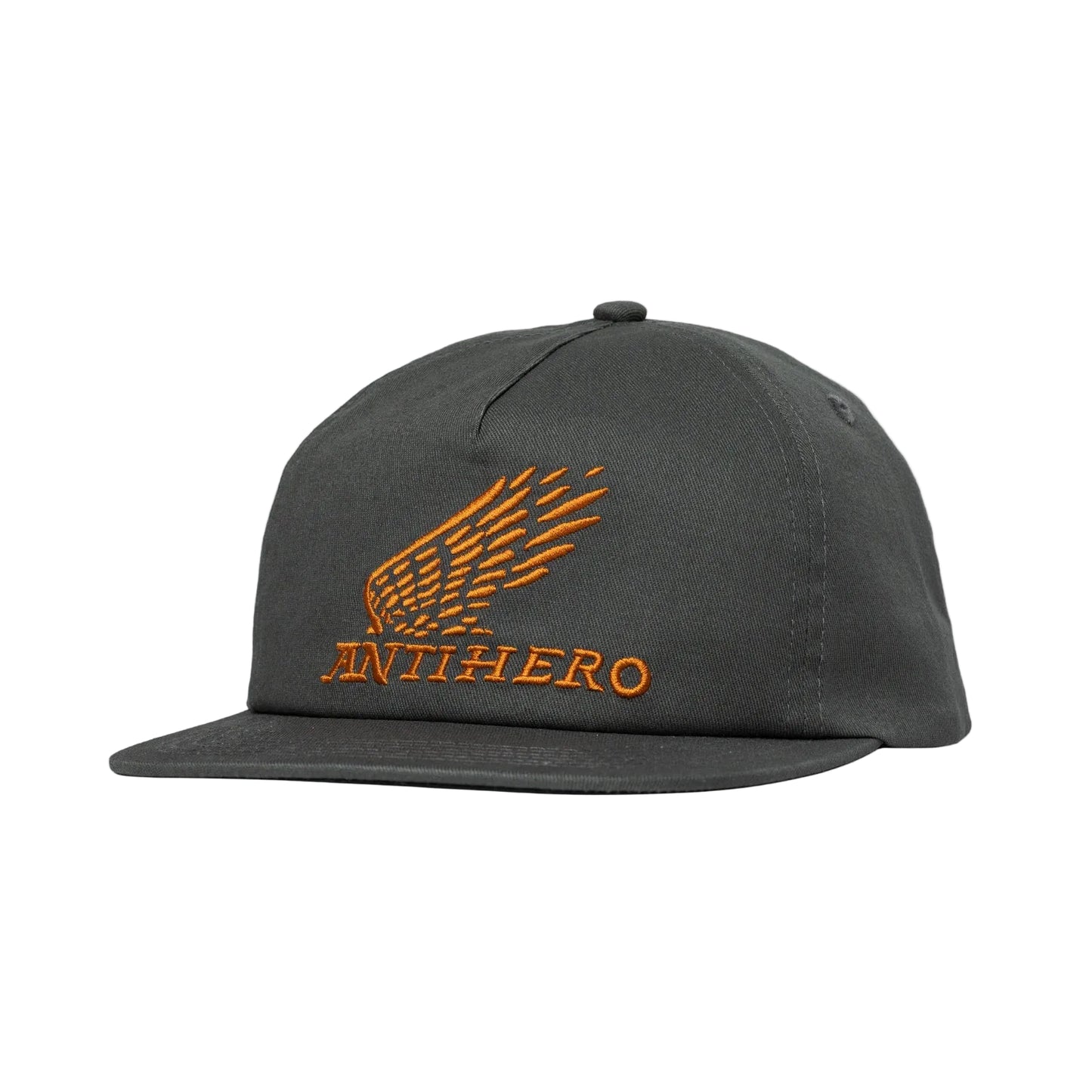 Gray cap with orange 'AntiHero' logo on a light gray background