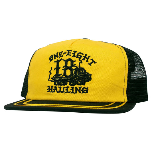 Yellow and black trucker hat with 'One-Eight Hauling' logo on a white background