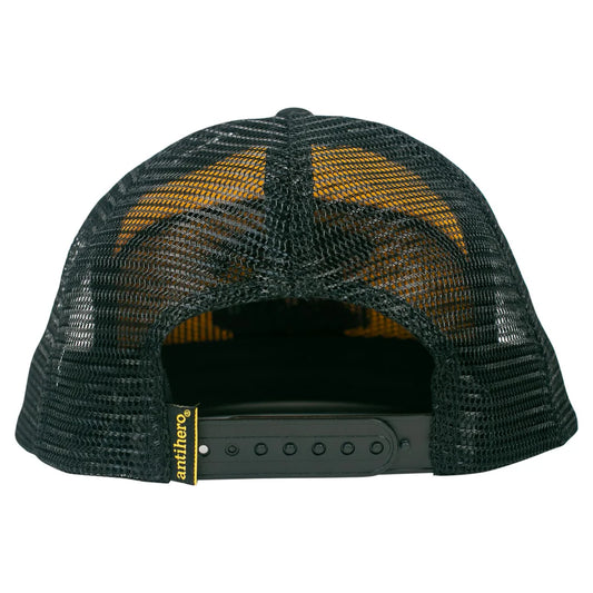 Black mesh cap with yellow accents on a white background