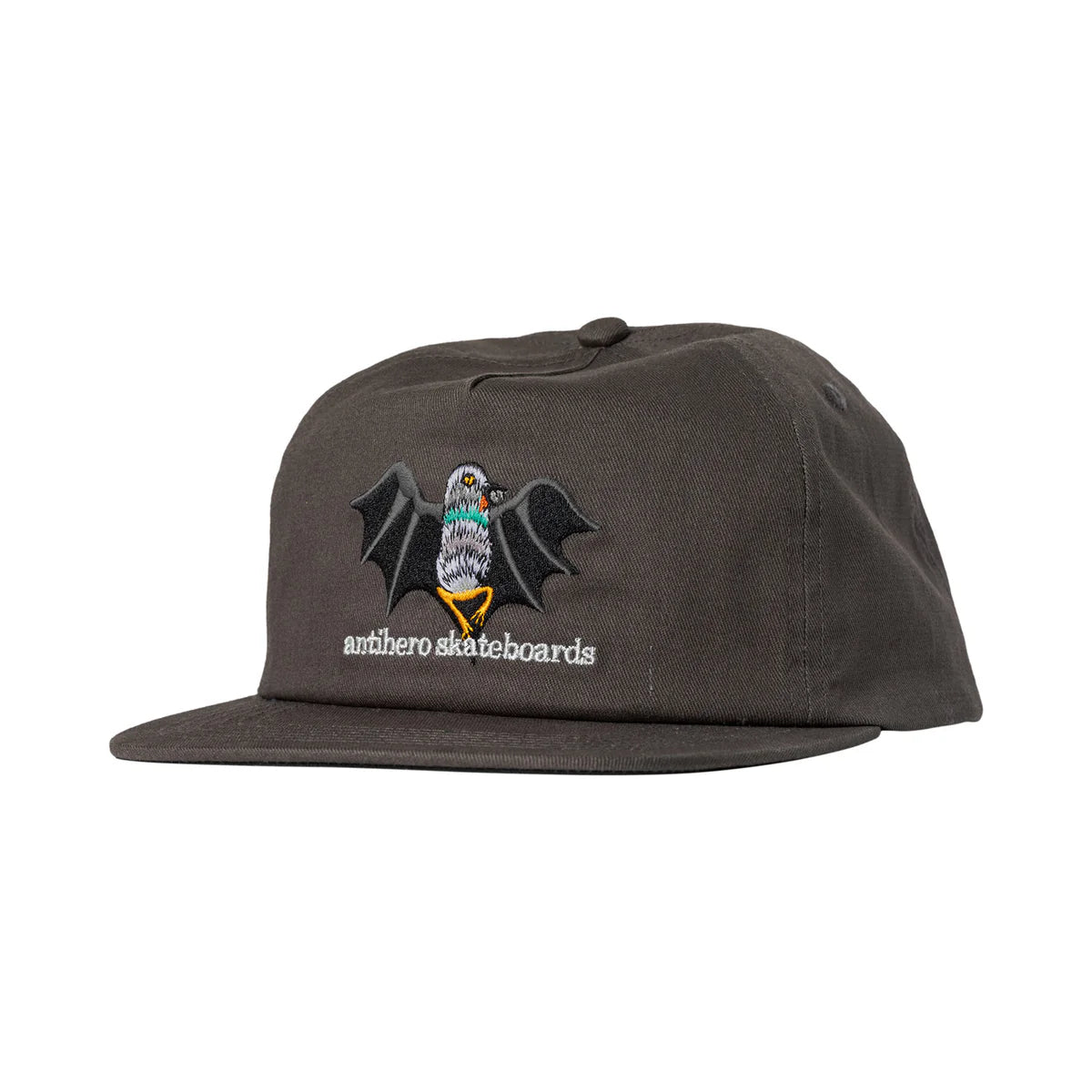 Gray cap with an eagle design and 'antihero skateboards' logo on a white background