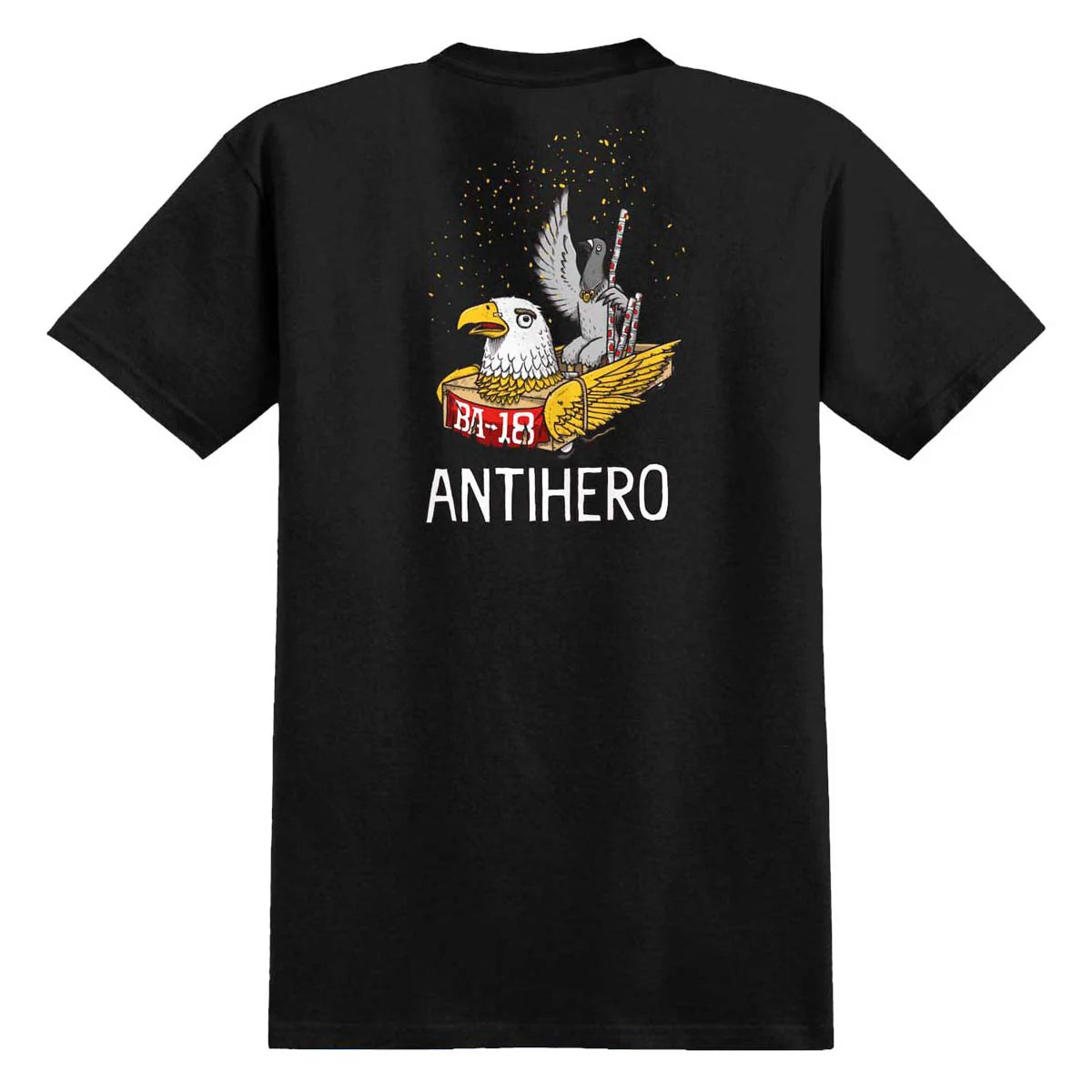 A black short-sleeve t-shirt shown from the back, featuring a large graphic print of an eagle holding a banner that reads  'ANTIHERO' printed in white below it.