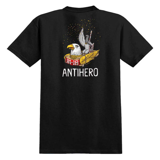 A black short-sleeve t-shirt shown from the back, featuring a large graphic print of an eagle holding a banner that reads  'ANTIHERO' printed in white below it.