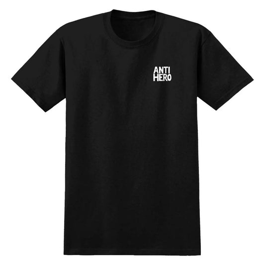 A black short-sleeve crewneck t-shirt with the words 'ANTI HERO' printed in white stacked vertically on the left chest, shown against a plain white background.