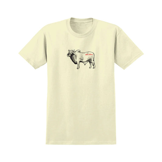 Beige t-shirt with a cow graphic on a white background