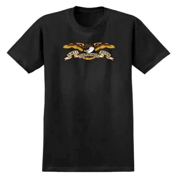 Black t-shirt with an eagle graphic and text on a white background