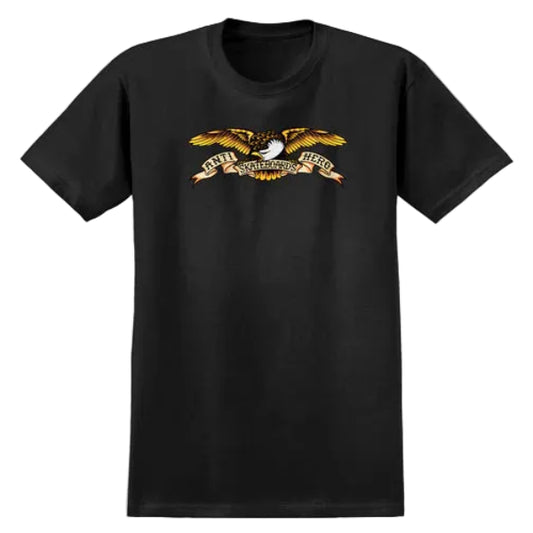 Black t-shirt with an eagle graphic and text on a white background