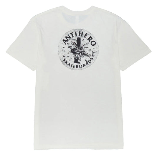White t-shirt with Anti Hero Skateboards logo on a white background