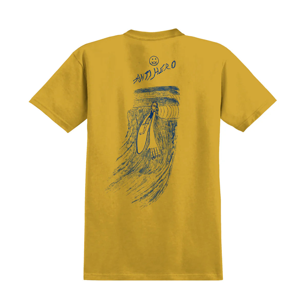 A yellow short-sleeve t-shirt shown from the back, featuring a dark blue graphic of a surfer riding a wave with the text 'ANTI-AERO' and a small smiley face above it.