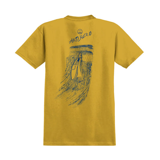 A yellow short-sleeve t-shirt shown from the back, featuring a dark blue graphic of a surfer riding a wave with the text 'ANTI-AERO' and a small smiley face above it.