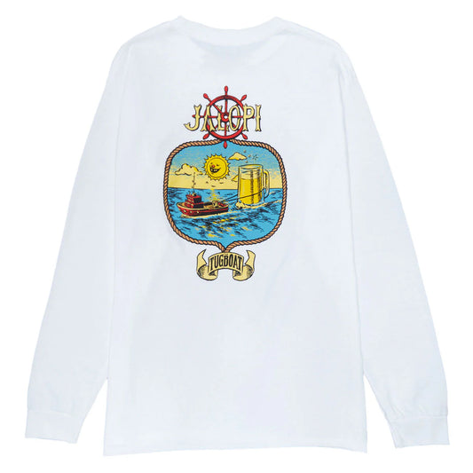 White long-sleeve shirt with a colorful graphic on the back featuring a ship, sun, and beer mug.