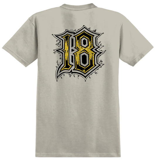Beige t-shirt with a decorative letter design on the back against a white background
