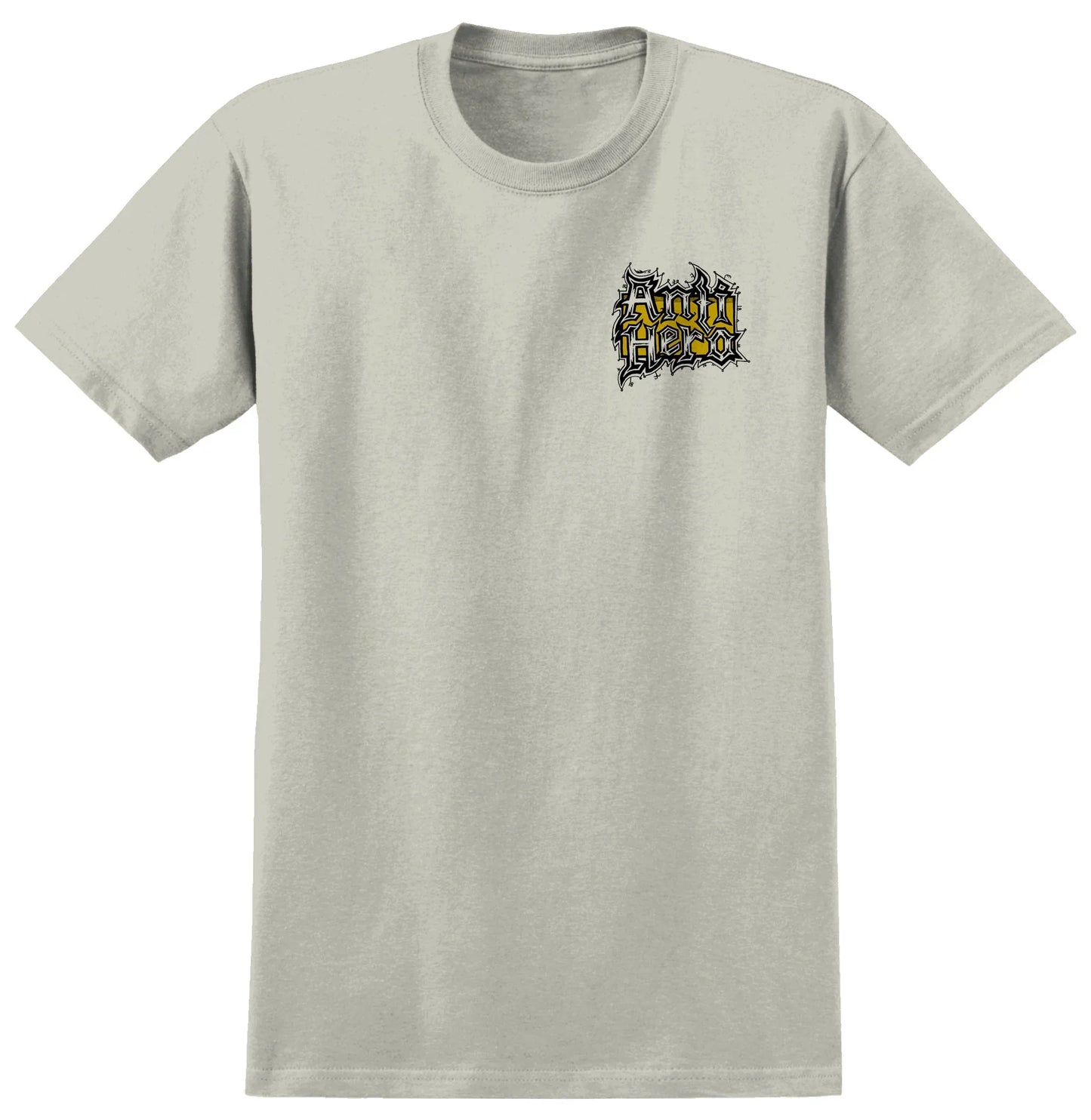 Beige t-shirt with a logo on the chest against a white background
