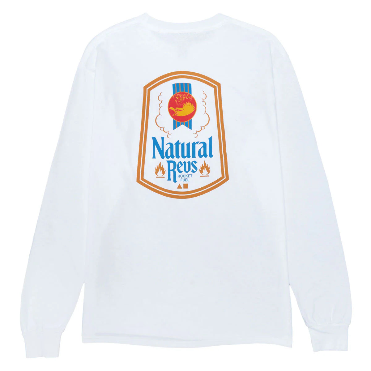 White long sleeve tshirt with a colorful logo on the chest against a white background