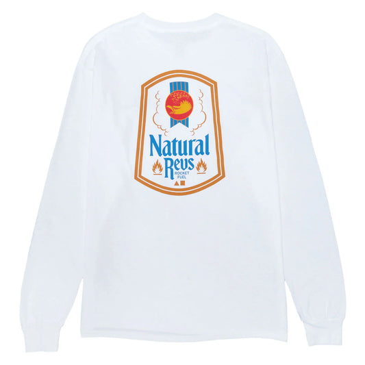 White long sleeve tshirt with a colorful logo on the chest against a white background