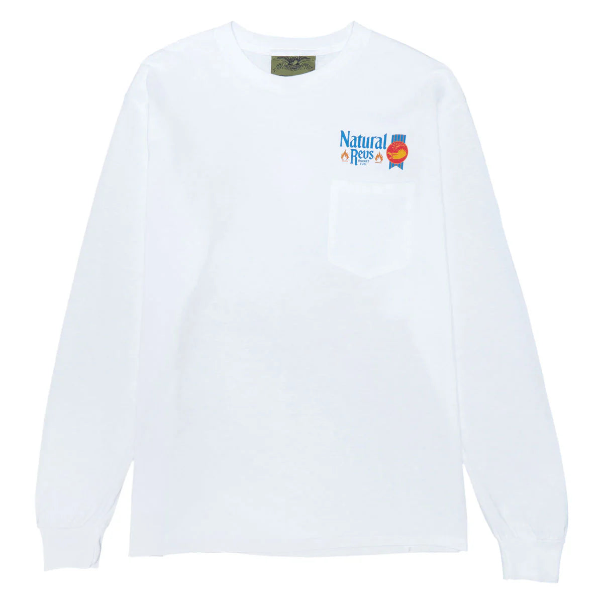 White long sleeve tshirt with a colorful logo on a white background