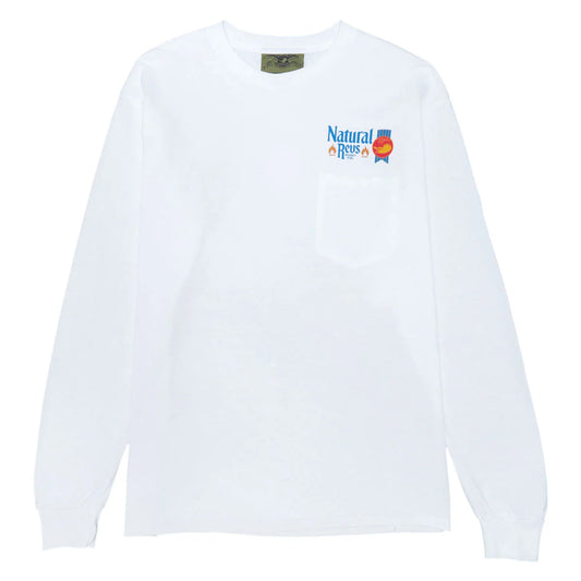 White long sleeve tshirt with a colorful logo on a white background