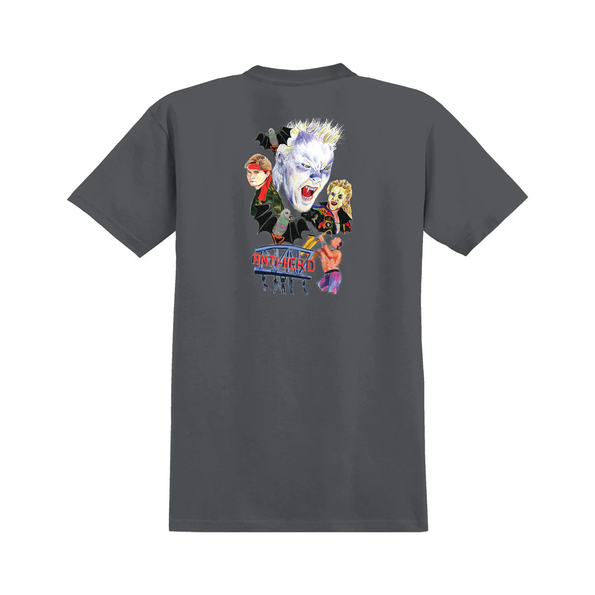 Gray t-shirt with a graphic design on the back featuring characters and text.