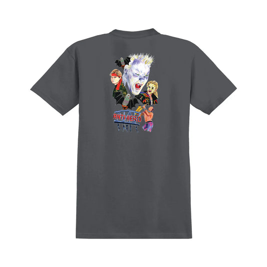 Gray t-shirt with a graphic design on the back featuring characters and text.