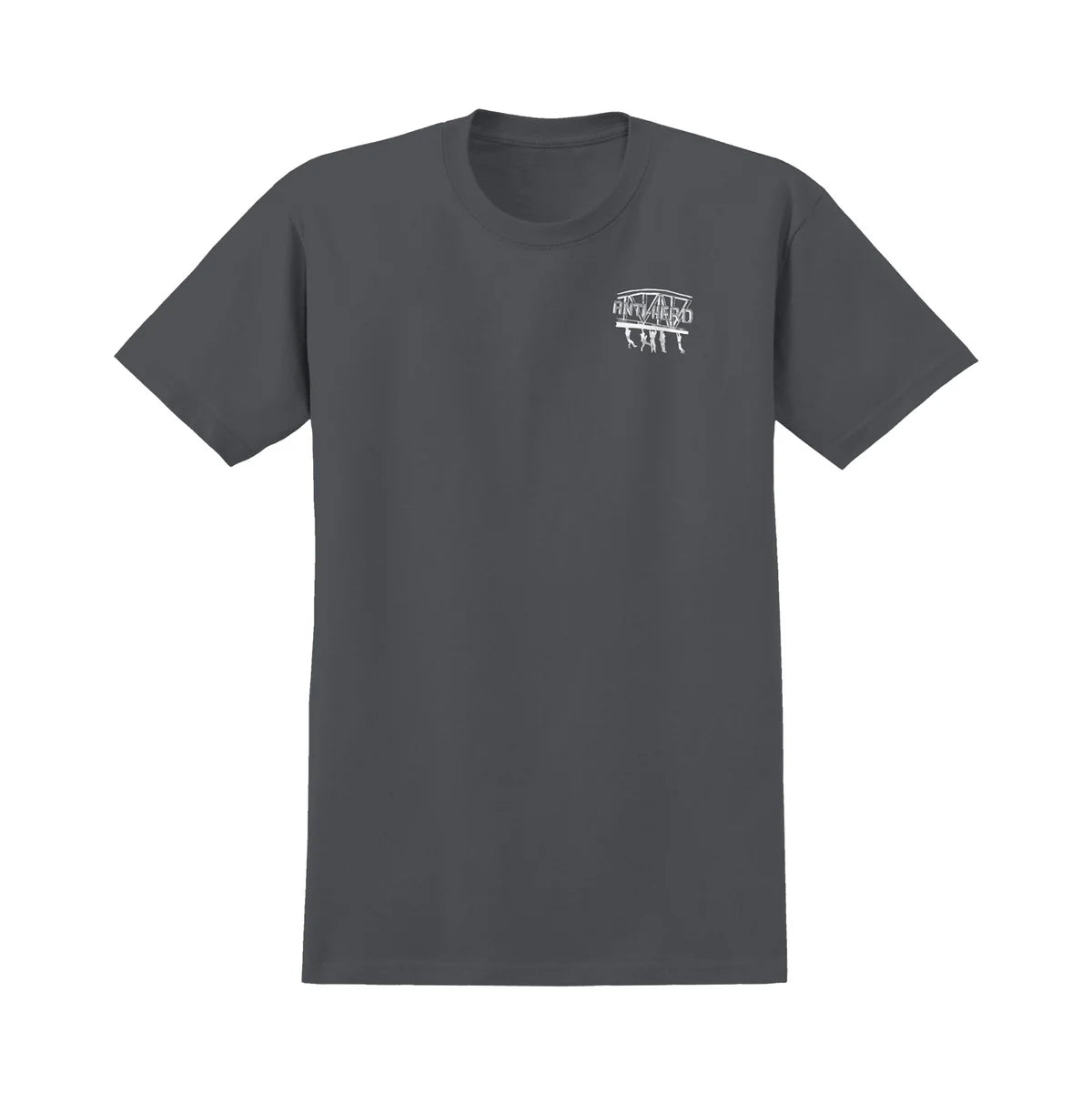 Gray t-shirt with a logo on the chest against a white background